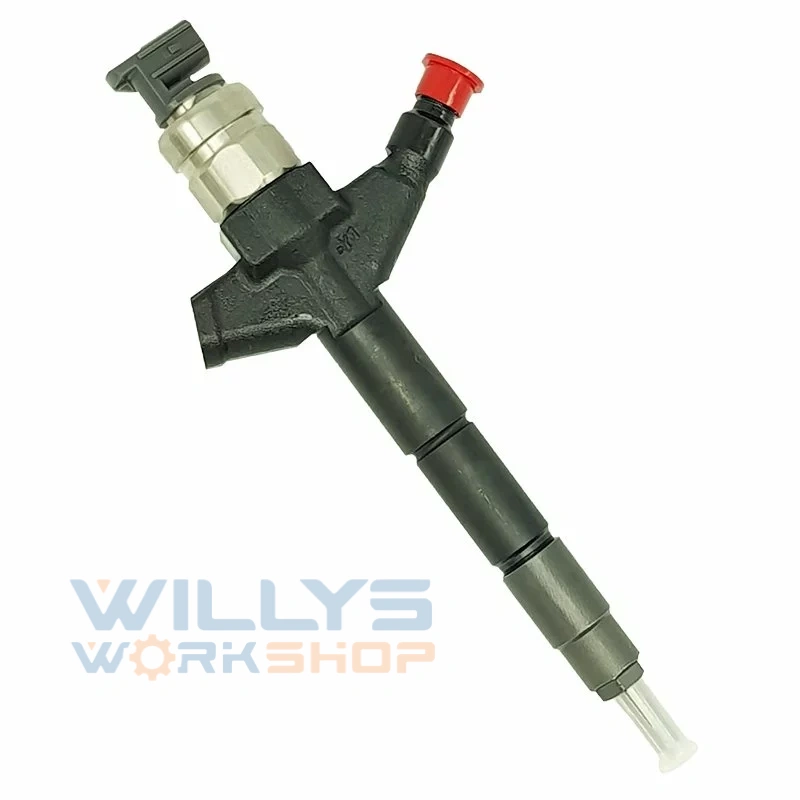 The image shows a fuel injector that appears to be dark gray or black. Its overall shape is elongated and somewhat cylindrical, with a narrower section near the end that appears to have a filter element. There's a noticeable, slightly wider section near the top, where multiple components connect. One of these connecting components has a small red cap. There is also a smaller, dark gray component at the very top. Precise measurements of size are impossible to determine from the image alone.